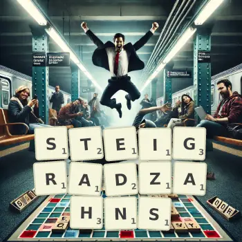 Kreative Illustration für ein Scrabble-Spiel, bei dem das Wort STEIGRADZAHNS mit Steinen auf dem Brett gelegt wurde.