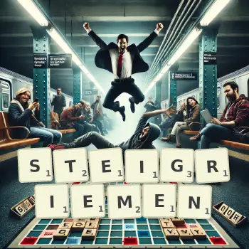 Kreative Illustration für ein Scrabble-Spiel, bei dem das Wort STEIGRIEMEN mit Steinen auf dem Brett gelegt wurde.