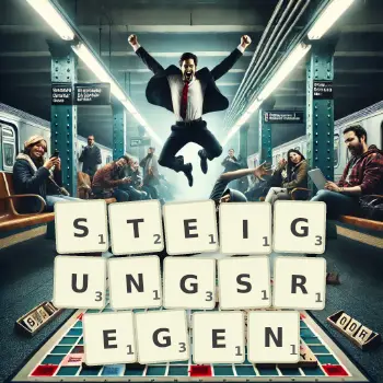 Kreative Illustration für ein Scrabble-Spiel, bei dem das Wort STEIGUNGSREGEN mit Steinen auf dem Brett gelegt wurde.