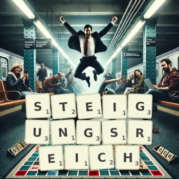 Kreative Illustration für ein Scrabble-Spiel, bei dem das Wort STEIGUNGSREICH mit Steinen auf dem Brett gelegt wurde.