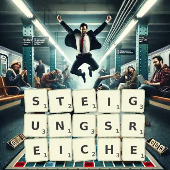 Kreative Illustration für ein Scrabble-Spiel, bei dem das Wort STEIGUNGSREICHE mit Steinen auf dem Brett gelegt wurde.
