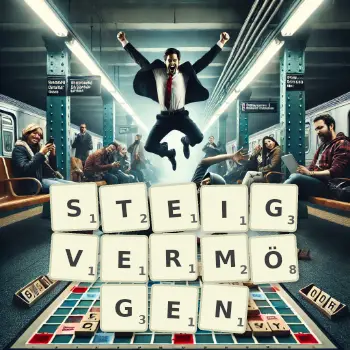 Kreative Illustration für ein Scrabble-Spiel, bei dem das Wort STEIGVERMÖGEN mit Steinen auf dem Brett gelegt wurde.