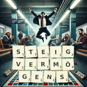 Kreative Illustration für ein Scrabble-Spiel, bei dem das Wort STEIGVERMÖGENS mit Steinen auf dem Brett gelegt wurde.
