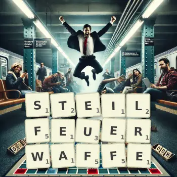 Kreative Illustration für ein Scrabble-Spiel, bei dem das Wort STEILFEUERWAFFE mit Steinen auf dem Brett gelegt wurde.