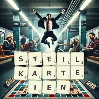 Kreative Illustration für ein Scrabble-Spiel, bei dem das Wort STEILKARTEIEN mit Steinen auf dem Brett gelegt wurde.