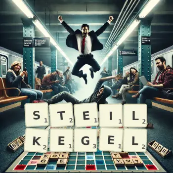 Kreative Illustration für ein Scrabble-Spiel, bei dem das Wort STEILKEGEL mit Steinen auf dem Brett gelegt wurde.