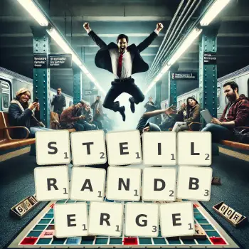 Kreative Illustration für ein Scrabble-Spiel, bei dem das Wort STEILRANDBERGE mit Steinen auf dem Brett gelegt wurde.