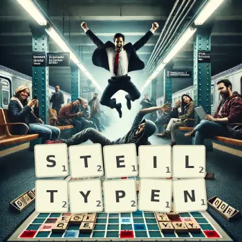 Kreative Illustration für ein Scrabble-Spiel, bei dem das Wort STEILTYPEN mit Steinen auf dem Brett gelegt wurde.