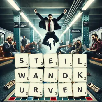 Kreative Illustration für ein Scrabble-Spiel, bei dem das Wort STEILWANDKURVEN mit Steinen auf dem Brett gelegt wurde.