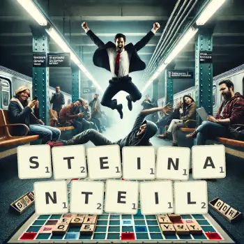 Kreative Illustration für ein Scrabble-Spiel, bei dem das Wort STEINANTEIL mit Steinen auf dem Brett gelegt wurde.