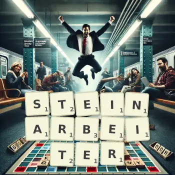 Kreative Illustration für ein Scrabble-Spiel, bei dem das Wort STEINARBEITER mit Steinen auf dem Brett gelegt wurde.