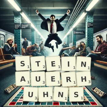 Kreative Illustration für ein Scrabble-Spiel, bei dem das Wort STEINAUERHUHNS mit Steinen auf dem Brett gelegt wurde.