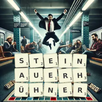 Kreative Illustration für ein Scrabble-Spiel, bei dem das Wort STEINAUERHÜHNER mit Steinen auf dem Brett gelegt wurde.