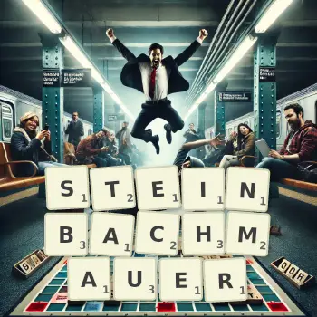 Kreative Illustration für ein Scrabble-Spiel, bei dem das Wort STEINBACHMAUER mit Steinen auf dem Brett gelegt wurde.