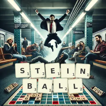 Kreative Illustration für ein Scrabble-Spiel, bei dem das Wort STEINBALL mit Steinen auf dem Brett gelegt wurde.