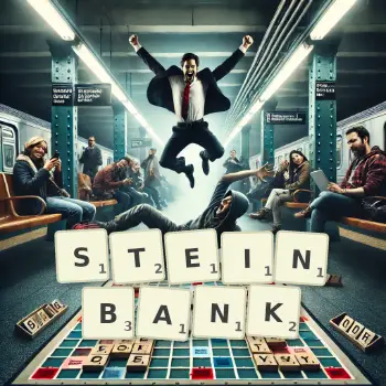 Kreative Illustration für ein Scrabble-Spiel, bei dem das Wort STEINBANK mit Steinen auf dem Brett gelegt wurde.