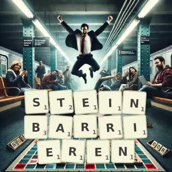 Kreative Illustration für ein Scrabble-Spiel, bei dem das Wort STEINBARRIEREN mit Steinen auf dem Brett gelegt wurde.