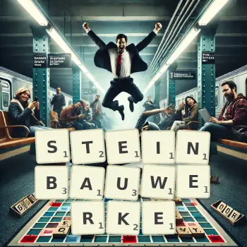 Kreative Illustration für ein Scrabble-Spiel, bei dem das Wort STEINBAUWERKE mit Steinen auf dem Brett gelegt wurde.