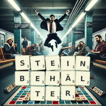 Kreative Illustration für ein Scrabble-Spiel, bei dem das Wort STEINBEHÄLTER mit Steinen auf dem Brett gelegt wurde.