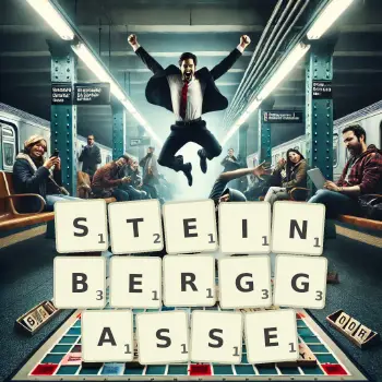 Kreative Illustration für ein Scrabble-Spiel, bei dem das Wort STEINBERGGASSE mit Steinen auf dem Brett gelegt wurde.