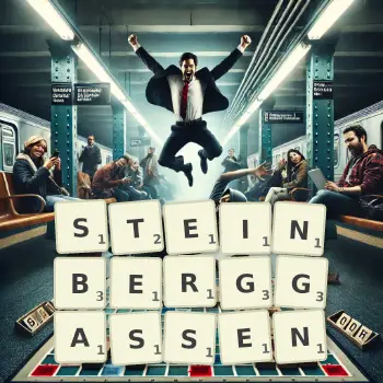 Kreative Illustration für ein Scrabble-Spiel, bei dem das Wort STEINBERGGASSEN mit Steinen auf dem Brett gelegt wurde.