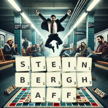 Kreative Illustration für ein Scrabble-Spiel, bei dem das Wort STEINBERGHAFF mit Steinen auf dem Brett gelegt wurde.