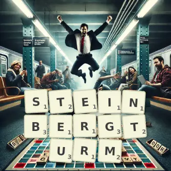 Kreative Illustration für ein Scrabble-Spiel, bei dem das Wort STEINBERGTURM mit Steinen auf dem Brett gelegt wurde.