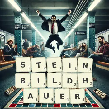 Kreative Illustration für ein Scrabble-Spiel, bei dem das Wort STEINBILDHAUER mit Steinen auf dem Brett gelegt wurde.
