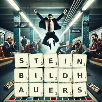 Kreative Illustration für ein Scrabble-Spiel, bei dem das Wort STEINBILDHAUERS mit Steinen auf dem Brett gelegt wurde.