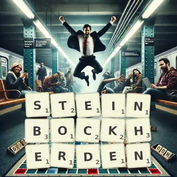 Kreative Illustration für ein Scrabble-Spiel, bei dem das Wort STEINBOCKHERDEN mit Steinen auf dem Brett gelegt wurde.