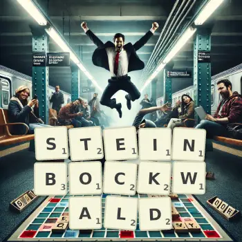 Kreative Illustration für ein Scrabble-Spiel, bei dem das Wort STEINBOCKWALD mit Steinen auf dem Brett gelegt wurde.