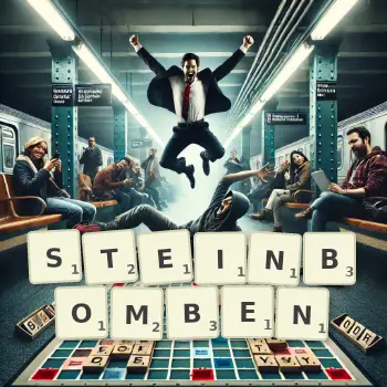 Kreative Illustration für ein Scrabble-Spiel, bei dem das Wort STEINBOMBEN mit Steinen auf dem Brett gelegt wurde.