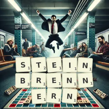 Kreative Illustration für ein Scrabble-Spiel, bei dem das Wort STEINBRENNERN mit Steinen auf dem Brett gelegt wurde.