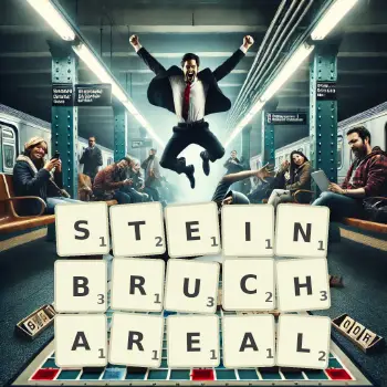 Kreative Illustration für ein Scrabble-Spiel, bei dem das Wort STEINBRUCHAREAL mit Steinen auf dem Brett gelegt wurde.