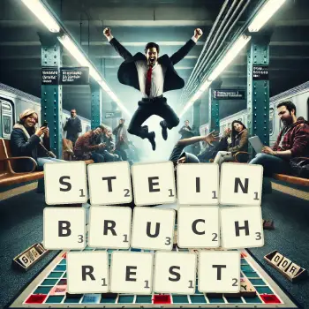 Kreative Illustration für ein Scrabble-Spiel, bei dem das Wort STEINBRUCHREST mit Steinen auf dem Brett gelegt wurde.