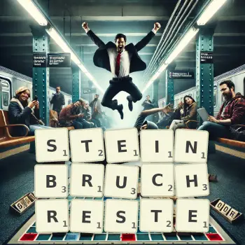 Kreative Illustration für ein Scrabble-Spiel, bei dem das Wort STEINBRUCHRESTE mit Steinen auf dem Brett gelegt wurde.