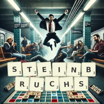 Kreative Illustration für ein Scrabble-Spiel, bei dem das Wort STEINBRUCHS mit Steinen auf dem Brett gelegt wurde.