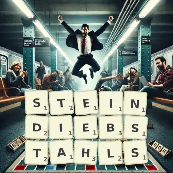Kreative Illustration für ein Scrabble-Spiel, bei dem das Wort STEINDIEBSTAHLS mit Steinen auf dem Brett gelegt wurde.