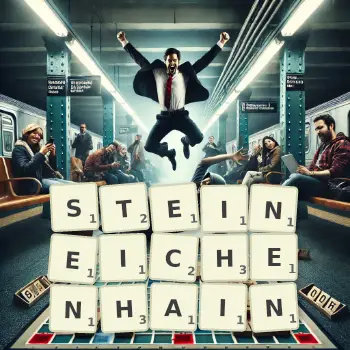 Kreative Illustration für ein Scrabble-Spiel, bei dem das Wort STEINEICHENHAIN mit Steinen auf dem Brett gelegt wurde.