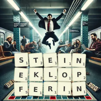 Kreative Illustration für ein Scrabble-Spiel, bei dem das Wort STEINEKLOPFERIN mit Steinen auf dem Brett gelegt wurde.