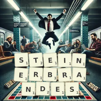 Kreative Illustration für ein Scrabble-Spiel, bei dem das Wort STEINERBRANDES mit Steinen auf dem Brett gelegt wurde.