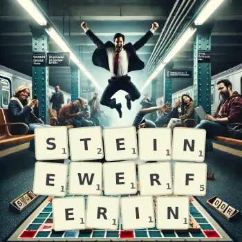 Kreative Illustration für ein Scrabble-Spiel, bei dem das Wort STEINEWERFERIN mit Steinen auf dem Brett gelegt wurde.