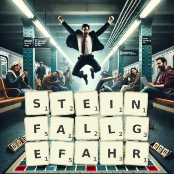 Kreative Illustration für ein Scrabble-Spiel, bei dem das Wort STEINFALLGEFAHR mit Steinen auf dem Brett gelegt wurde.