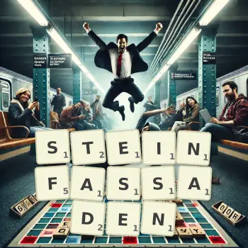 Kreative Illustration für ein Scrabble-Spiel, bei dem das Wort STEINFASSADEN mit Steinen auf dem Brett gelegt wurde.