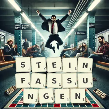 Kreative Illustration für ein Scrabble-Spiel, bei dem das Wort STEINFASSUNGEN mit Steinen auf dem Brett gelegt wurde.