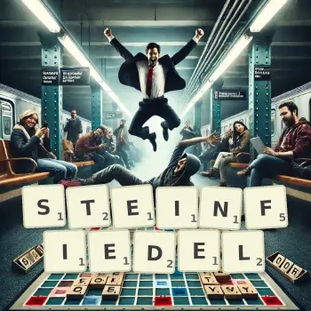 Kreative Illustration für ein Scrabble-Spiel, bei dem das Wort STEINFIEDEL mit Steinen auf dem Brett gelegt wurde.