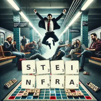 Kreative Illustration für ein Scrabble-Spiel, bei dem das Wort STEINFRA mit Steinen auf dem Brett gelegt wurde.