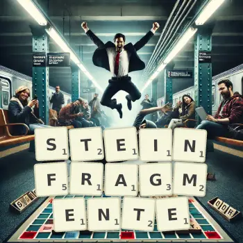 Kreative Illustration für ein Scrabble-Spiel, bei dem das Wort STEINFRAGMENTE mit Steinen auf dem Brett gelegt wurde.
