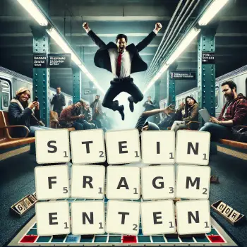 Kreative Illustration für ein Scrabble-Spiel, bei dem das Wort STEINFRAGMENTEN mit Steinen auf dem Brett gelegt wurde.