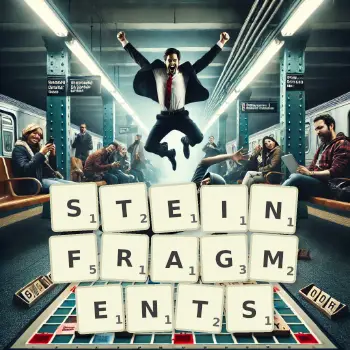 Kreative Illustration für ein Scrabble-Spiel, bei dem das Wort STEINFRAGMENTS mit Steinen auf dem Brett gelegt wurde.